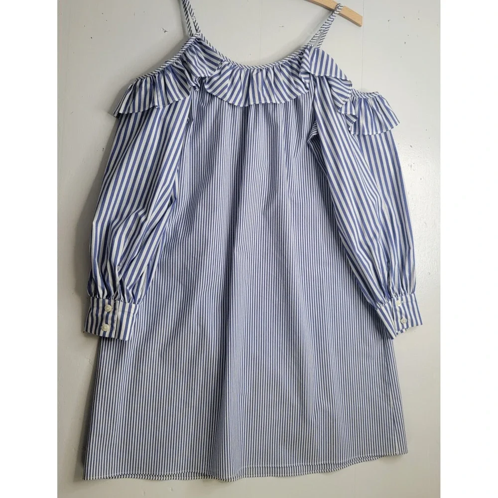 Maggy London Womens‎ Blue White Striped Cold Shoulder Ruffle Shift Dress Size 10